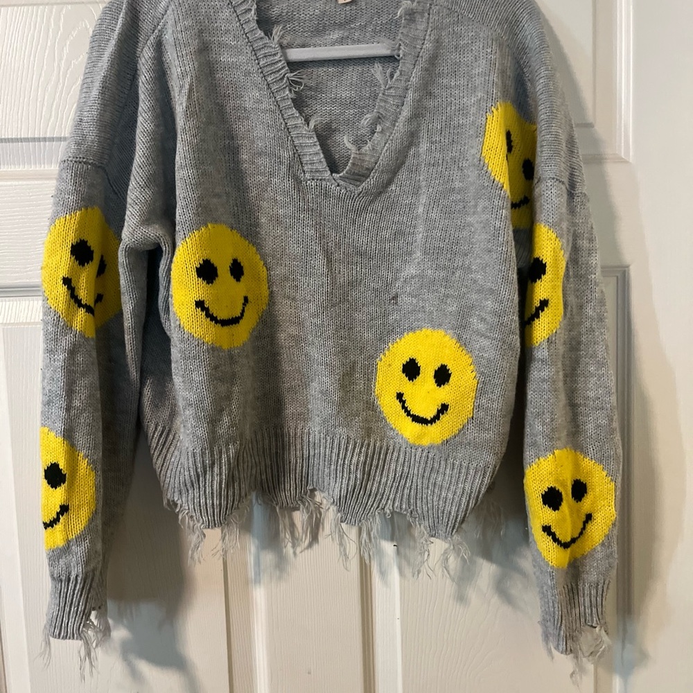 Cozy Gray V-Neck Sweater with Yellow Smiley Faces